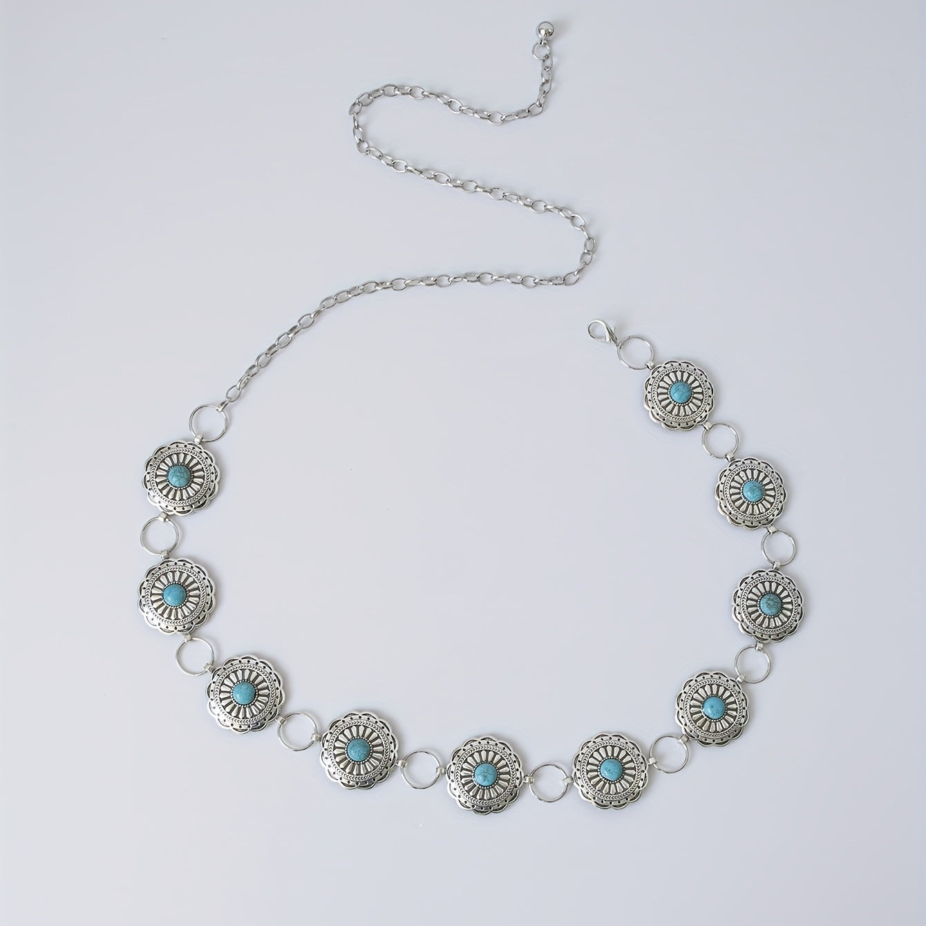 Vintage Silvery Turquoise Waist Chain with Tassel, Bohemian Belly Belt