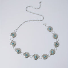 Vintage Silvery Turquoise Waist Chain with Tassel, Bohemian Belly Belt
