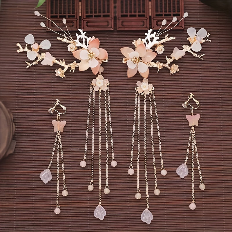 Chinese Style Flower Hair Clips & Earrings Set