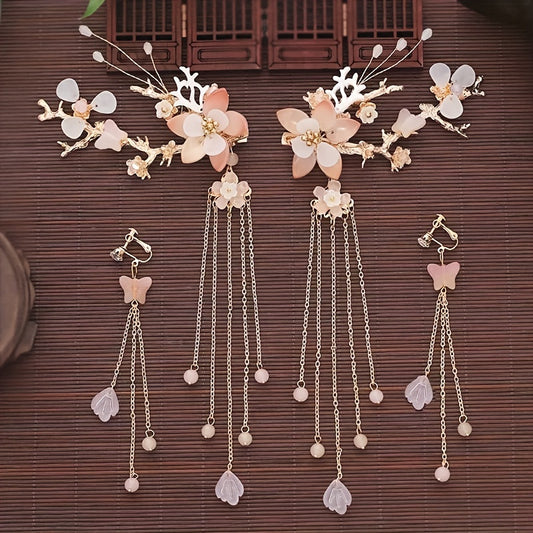 Chinese Style Flower Hair Clips & Earrings Set