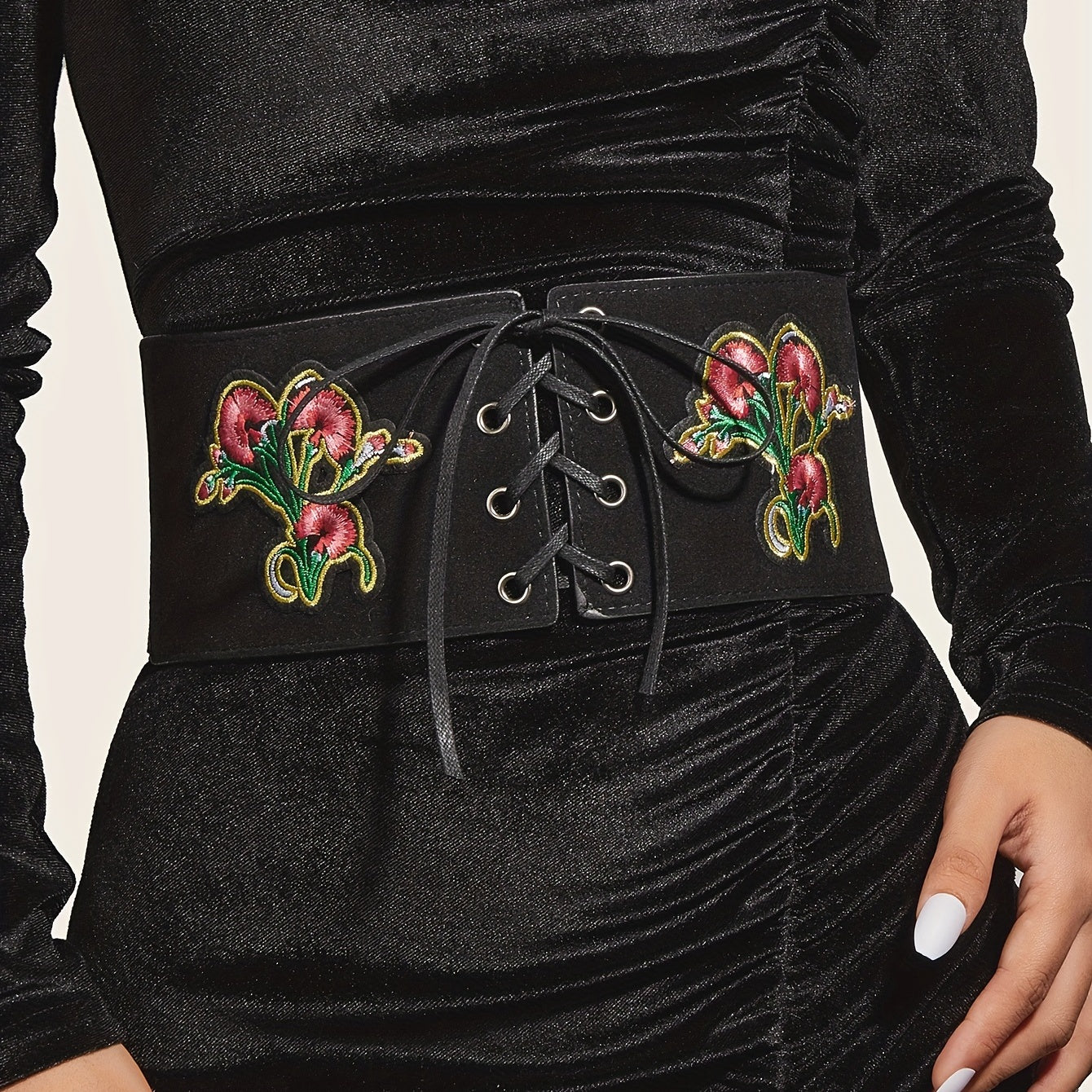 Vintage Flower Embroidery Wide Belt Lace Up Elastic Waistband