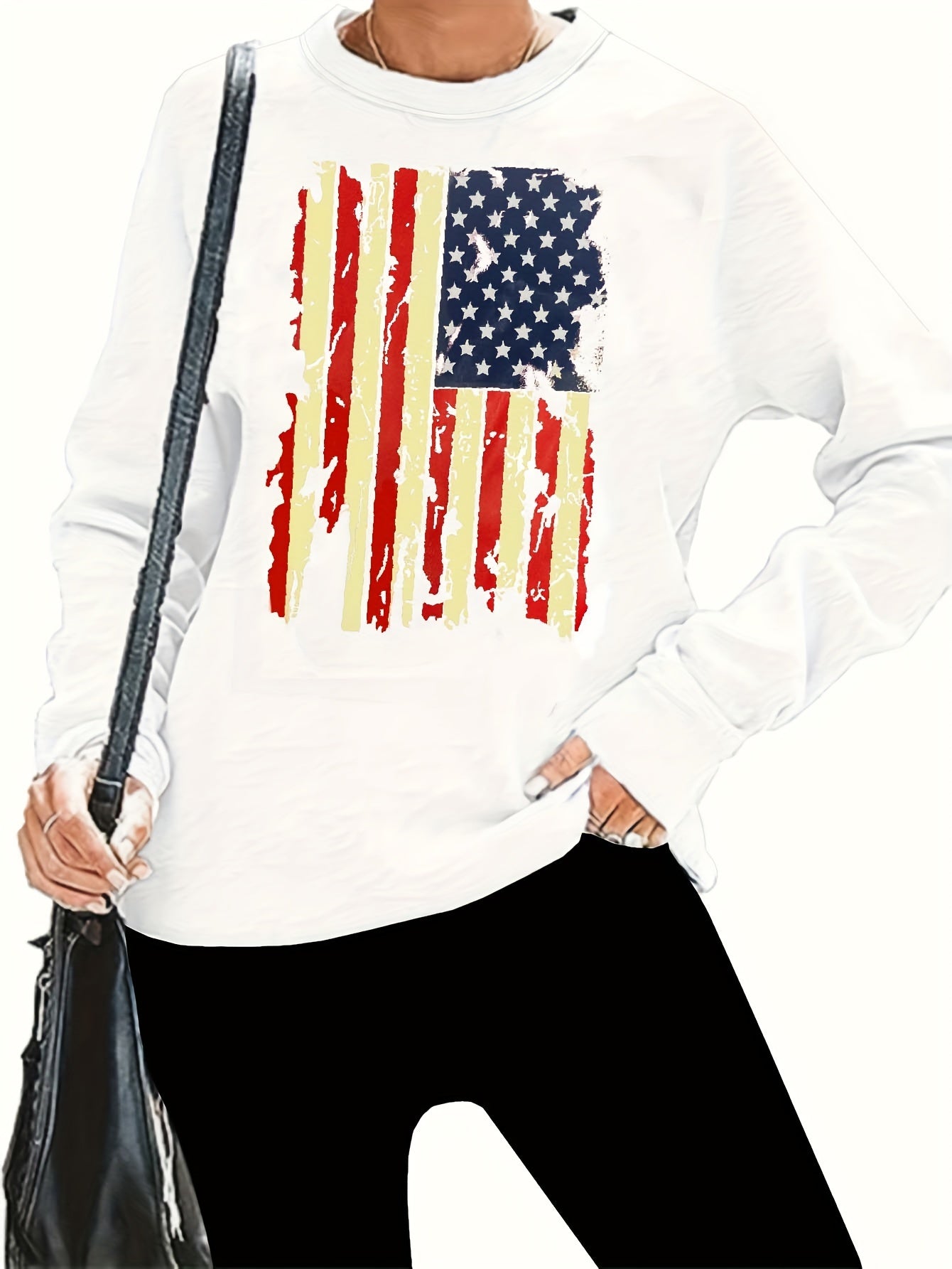  Flag Print Long Sleeve Round Neck Pullover Top