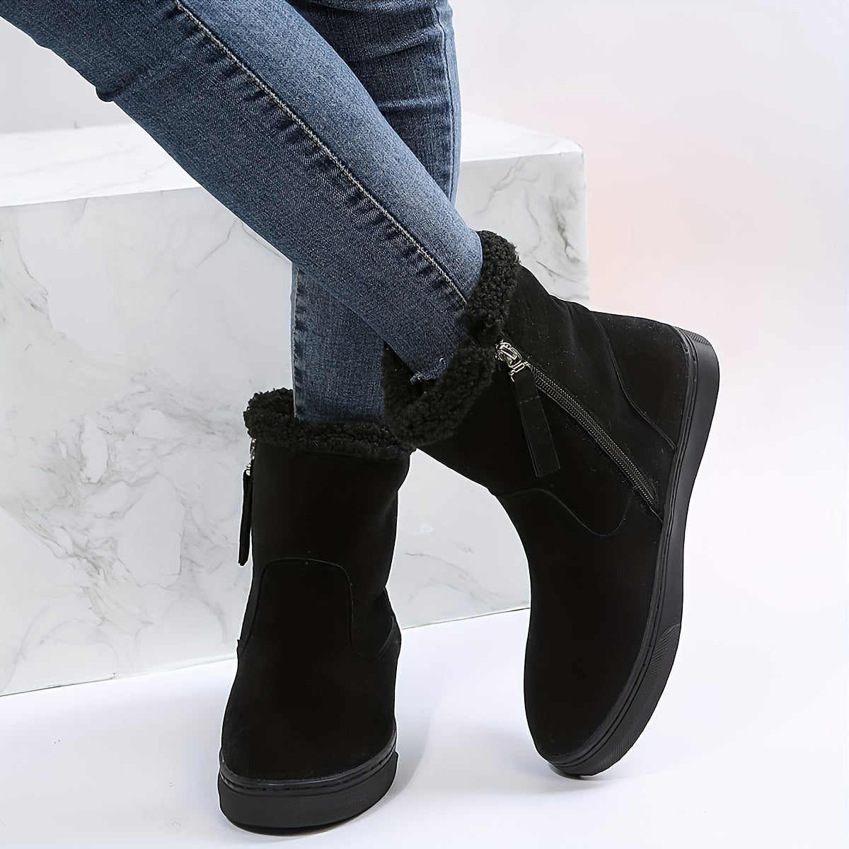 Solid Suede Snow Boots with Side Zipper