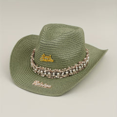 Rhinestone Bride Cowboy Hat Faux Pearl Lace Hatband Decor Straw Jazz Hat