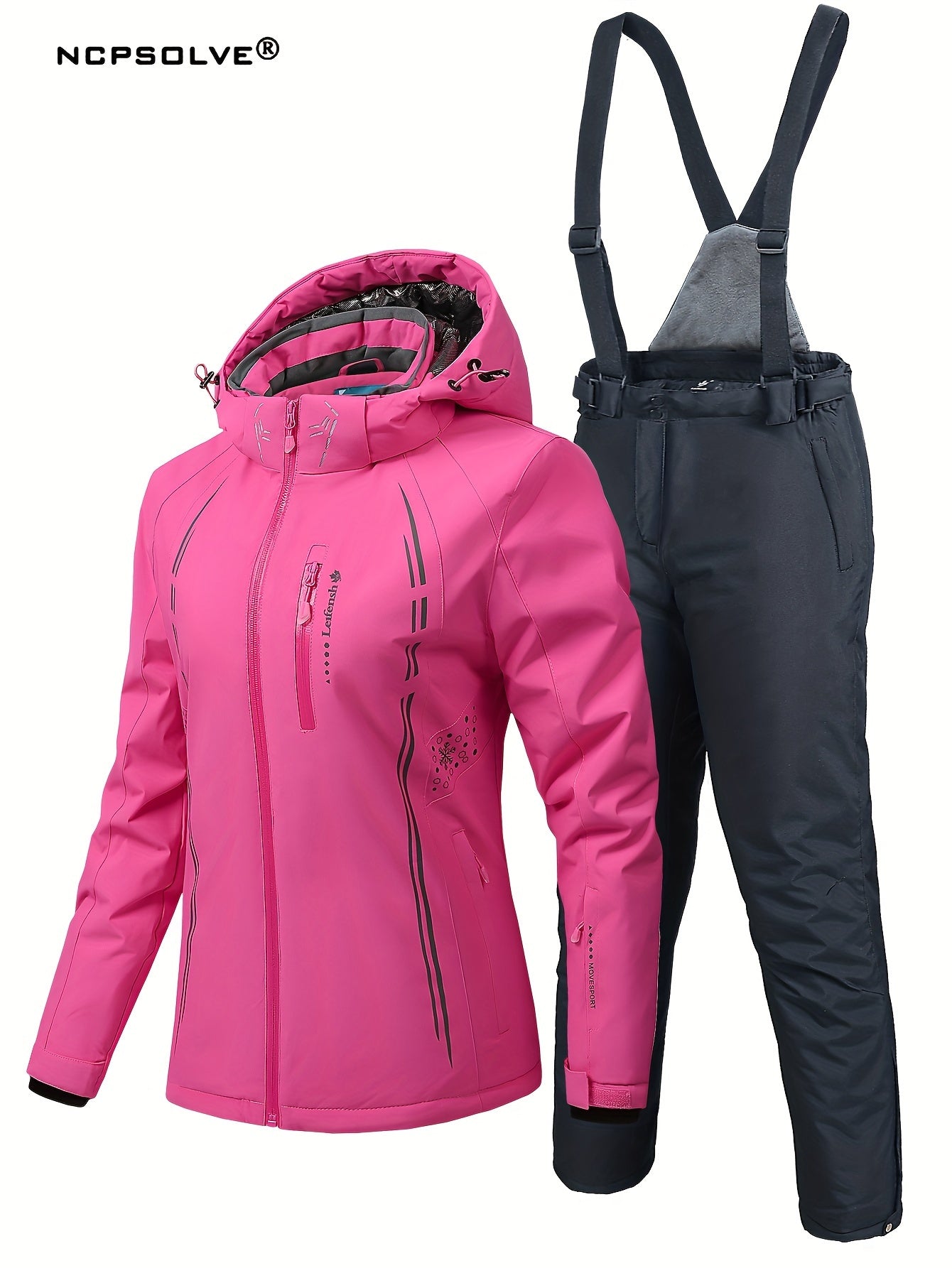 Windproof Snowflake Print Ski Set Hooded Jacket & Suspender Trouser Ski Suit
