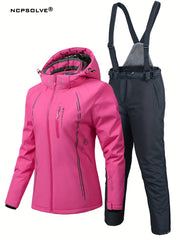 Windproof Snowflake Print Ski Set Hooded Jacket & Suspender Trouser Ski Suit