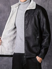 Men's PU Leather Outdoor Jacket Windproof Warm Fleece Coat