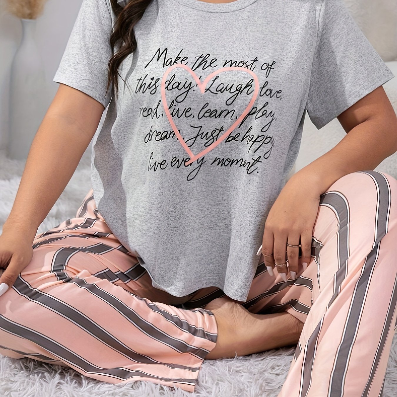  Heart & Slogan Print Tee & Striped Pants Lounge Set