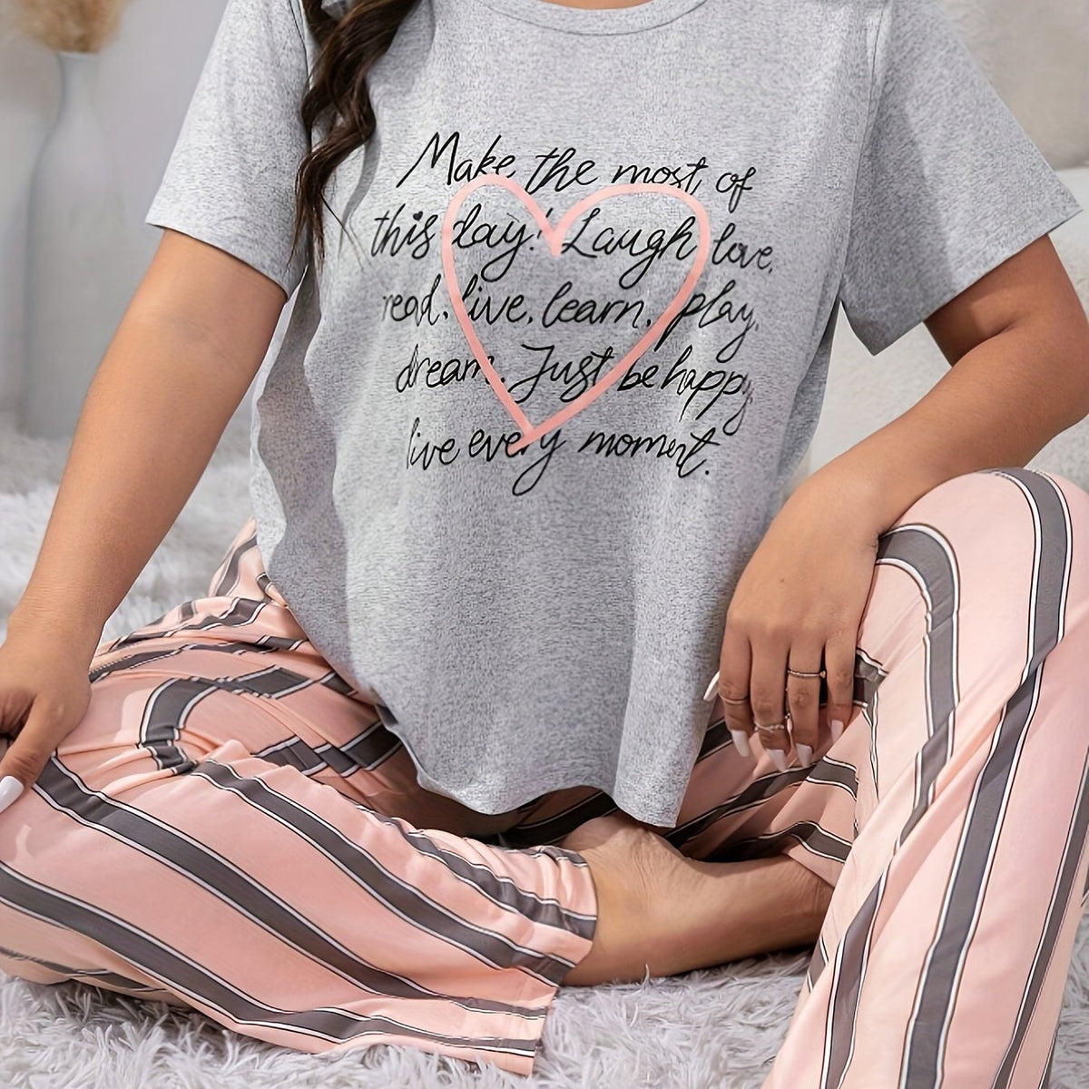  Heart & Slogan Print Tee & Striped Pants Lounge Set