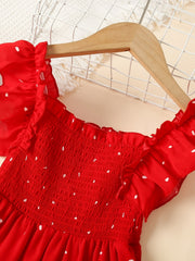 Girls Ruffle Sleeve Square Neck Polka Dot Print Red Dress