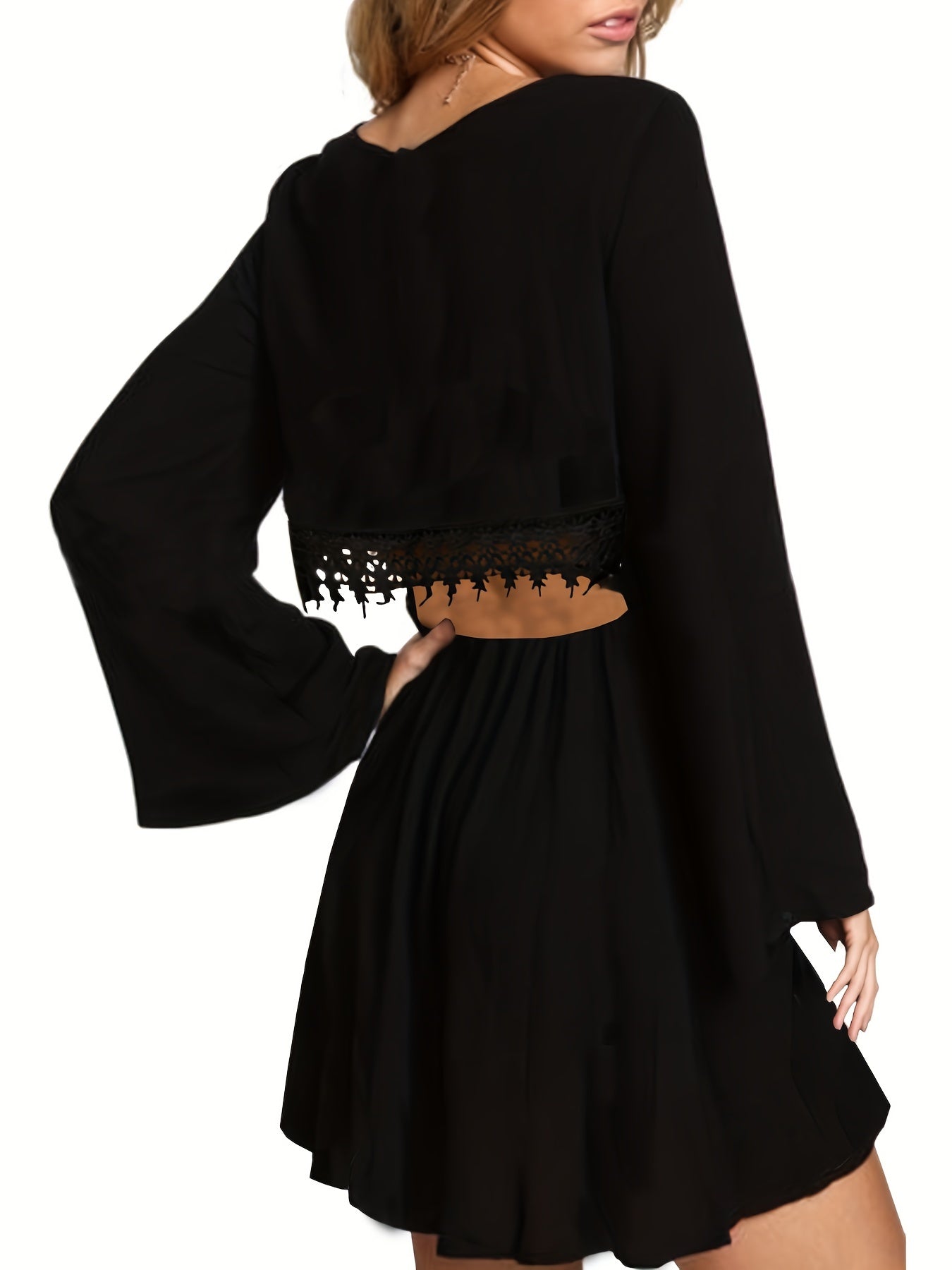  Dress Women's Solid Bell Sleeve Round Neck Frill Trim Dress