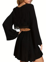  Dress Women's Solid Bell Sleeve Round Neck Frill Trim Dress