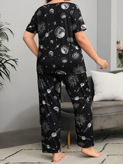  Planet Print Pajamas Set - Tee & Pants Loungewear