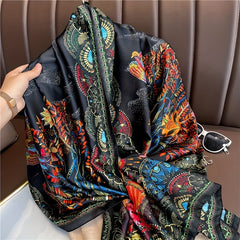 Vintage Phoenix Tree Print Satin Silk Scarf