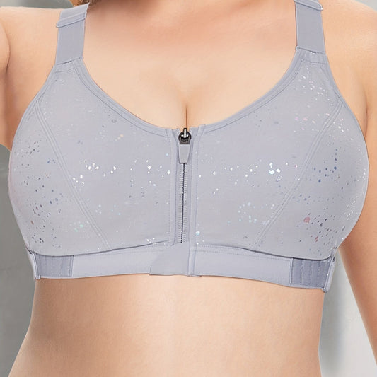  Front Zipper Sports Bra Round Neck