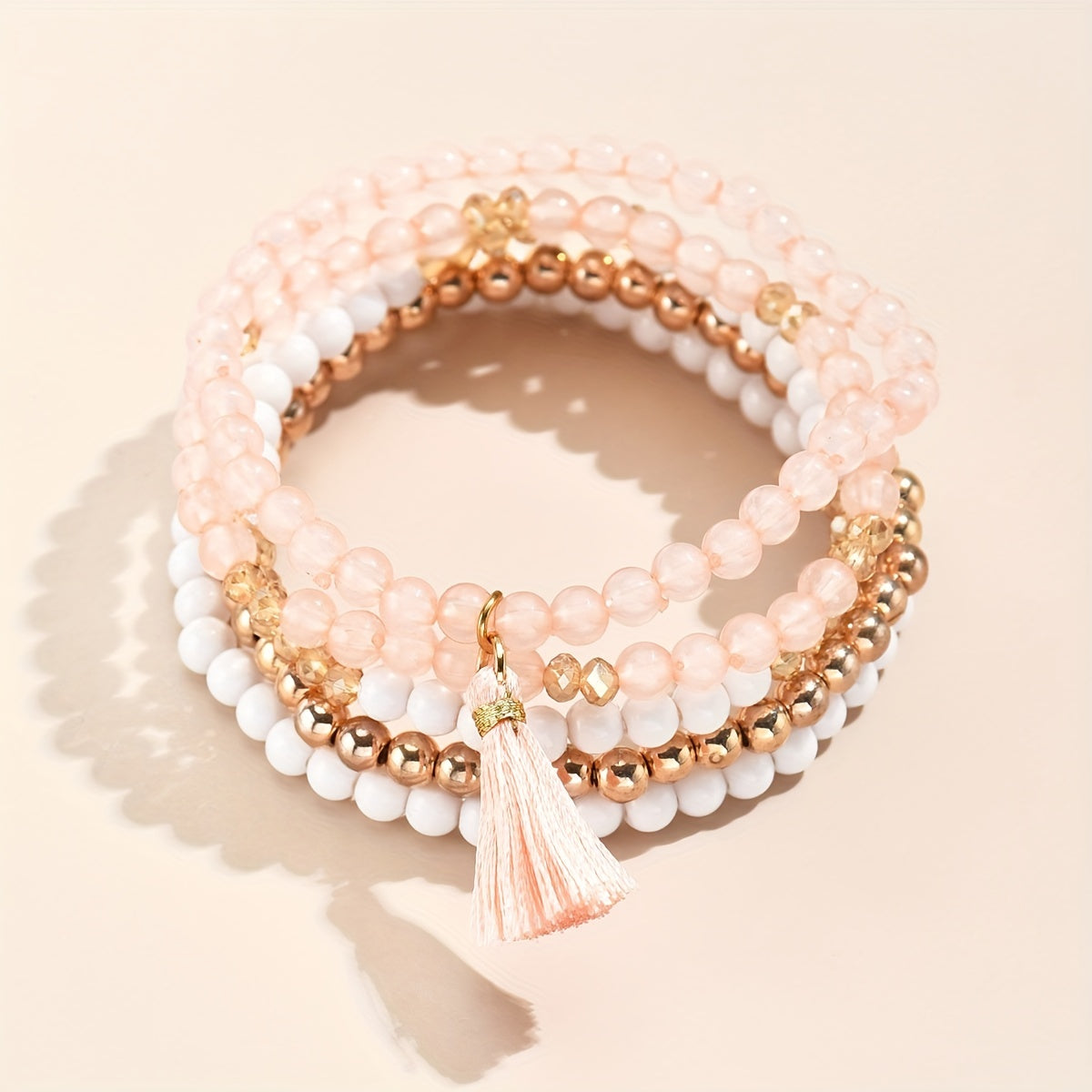 Boho Tassel Pendant Beaded Bracelet Set Hand Jewelry 5 Pcs