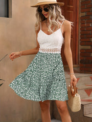 Floral Print Cut Out Waist Cami Dress Lace Backless Spaghetti Dress