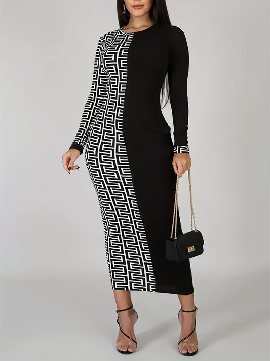  Colorblock Geometric Print Bodycon Midi Dress