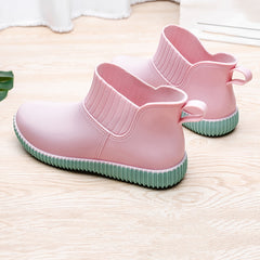 Women's Non slip Solid Flat Rain Boots Waterproof Slip On Rubber Shoes
