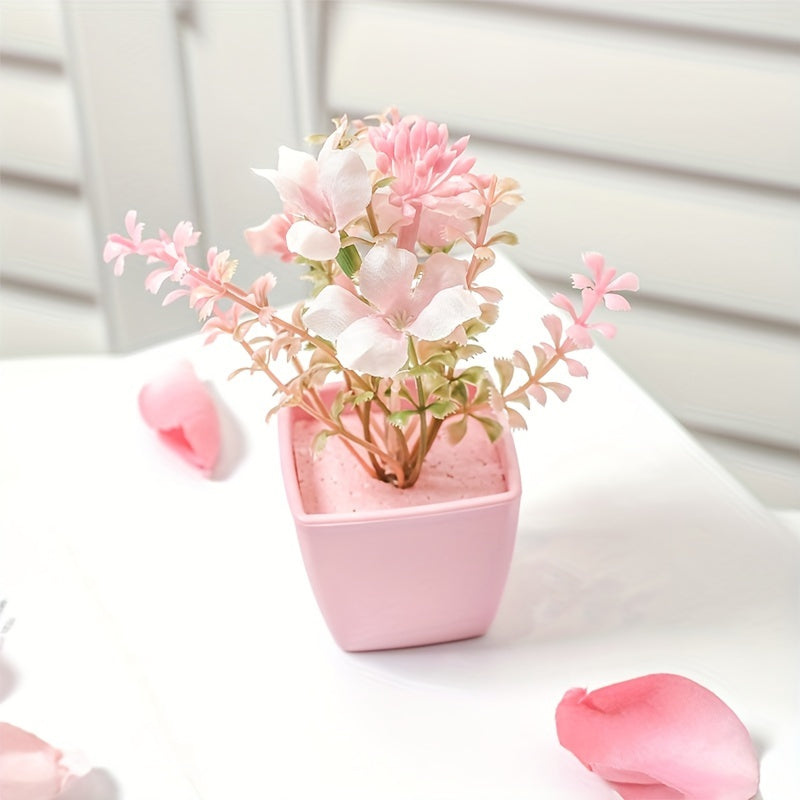 5pcs Artificial Flower Green Plant with Pink Flower Small Potted Plant