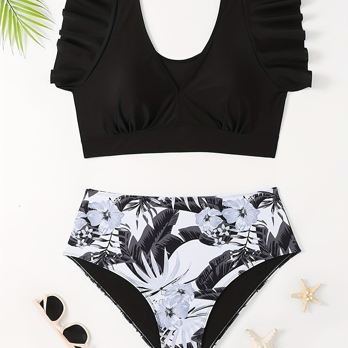 Vacay Tankini Set Women's Plus Solid Ruffle Sleeve V Neck Crop Top