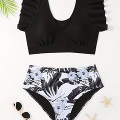  Vacay Tankini Set Women's Plus Solid Ruffle Sleeve V Neck Crop Top