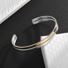 Stainless Steel Double Stripe Cuff Bracelet - Adjustable Hollow Design