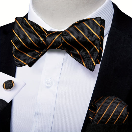 Men's Golden Paisley Silk Bow Tie Hankerchief Cufflink Wedding Set