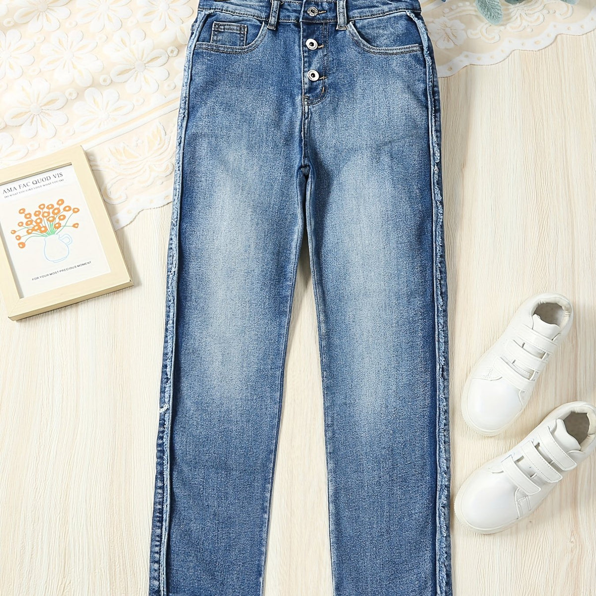 Girls' Raw Cut Skinny Jeans Stretchy Casual Street Tight Fit Denim Trousers