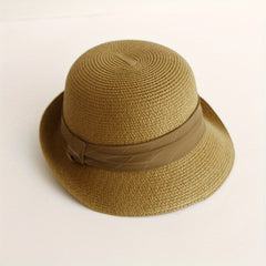 Rolled Brim Straw Fedora Sun Hat Unisex Jazz Cap Solid Color Summer Beach Hats