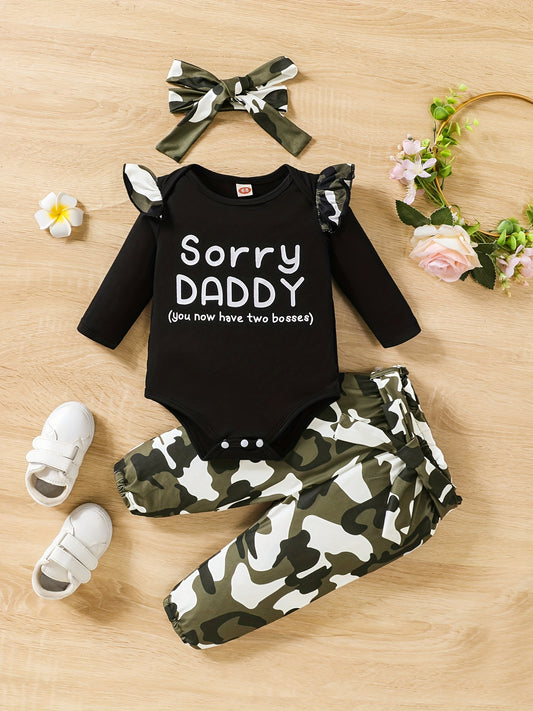 Baby Girls Casual Romper with Sorry DADDY Print & Camouflage Pants Set