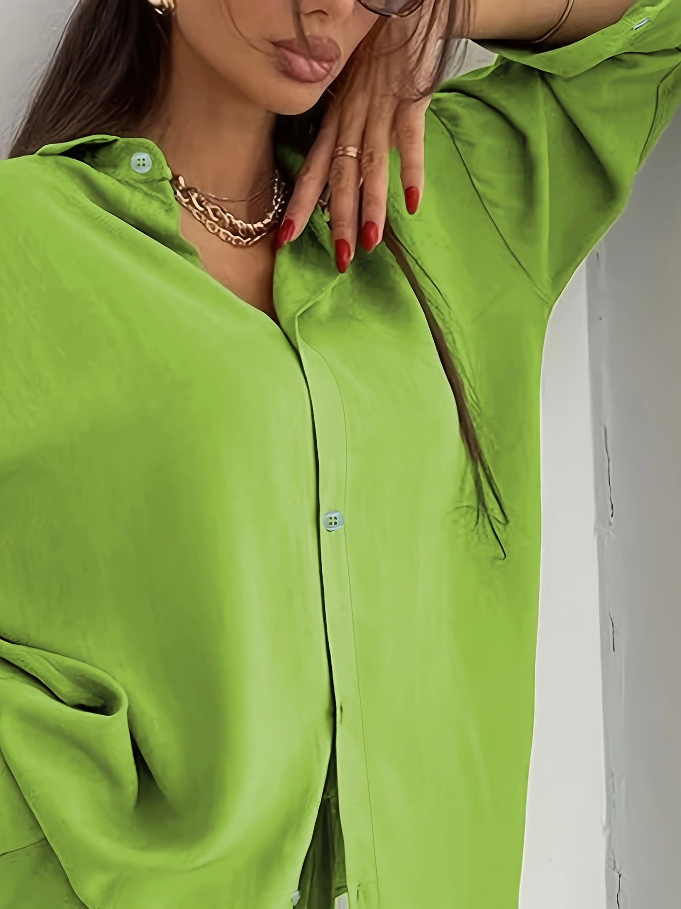 Women's Plus Solid Long Sleeve Shirt & Loose Pants 2 Piece Set