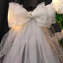 Double Layer Bowknot Bridal Veil with Pearls Wave Edge