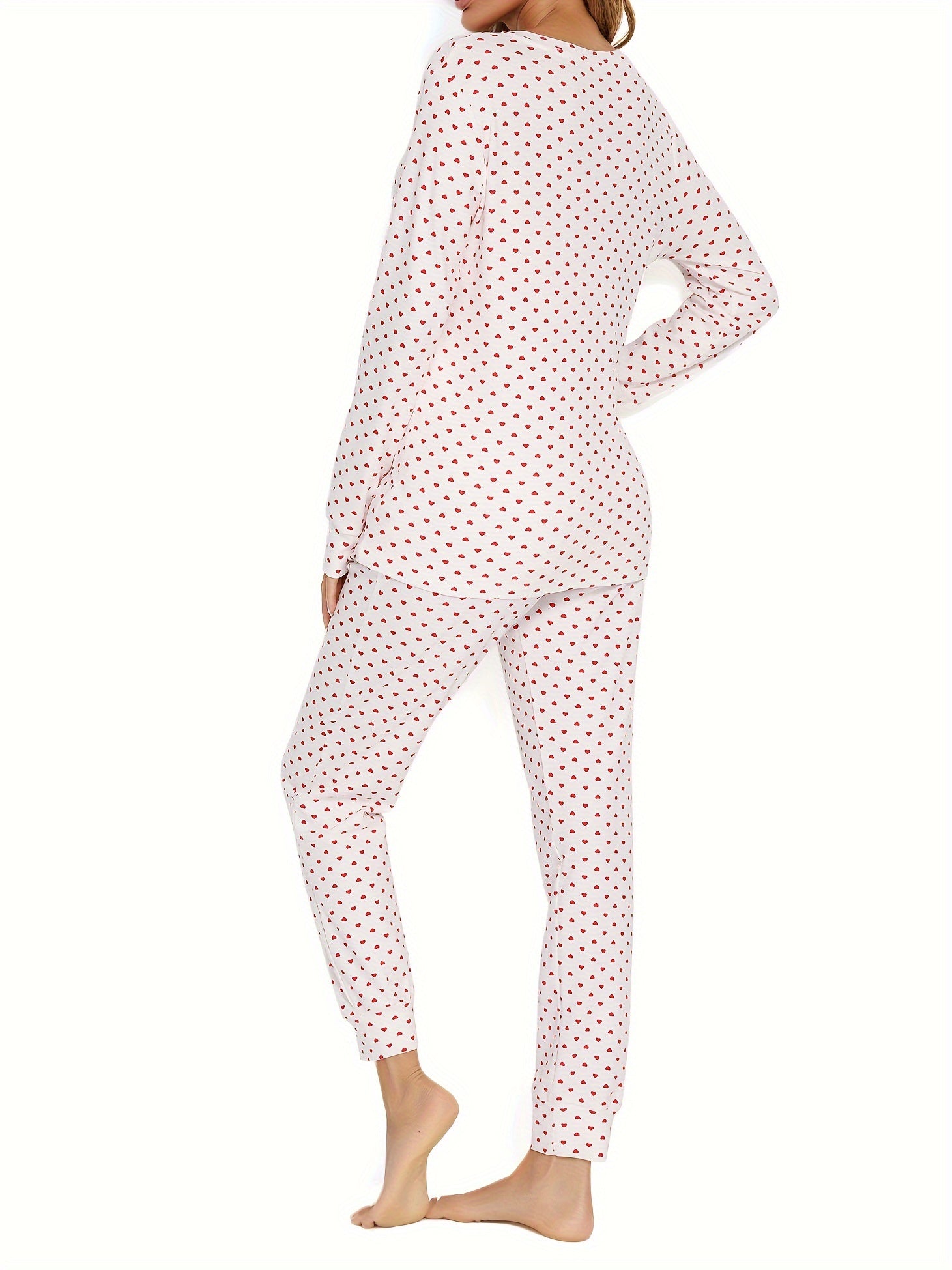 Heart Print Lounge Set Long Sleeve V Neck Top & Pants Women's