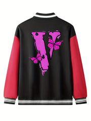 Butterfly Pattern Varsity Jacket Men's Block Button Up Jacket