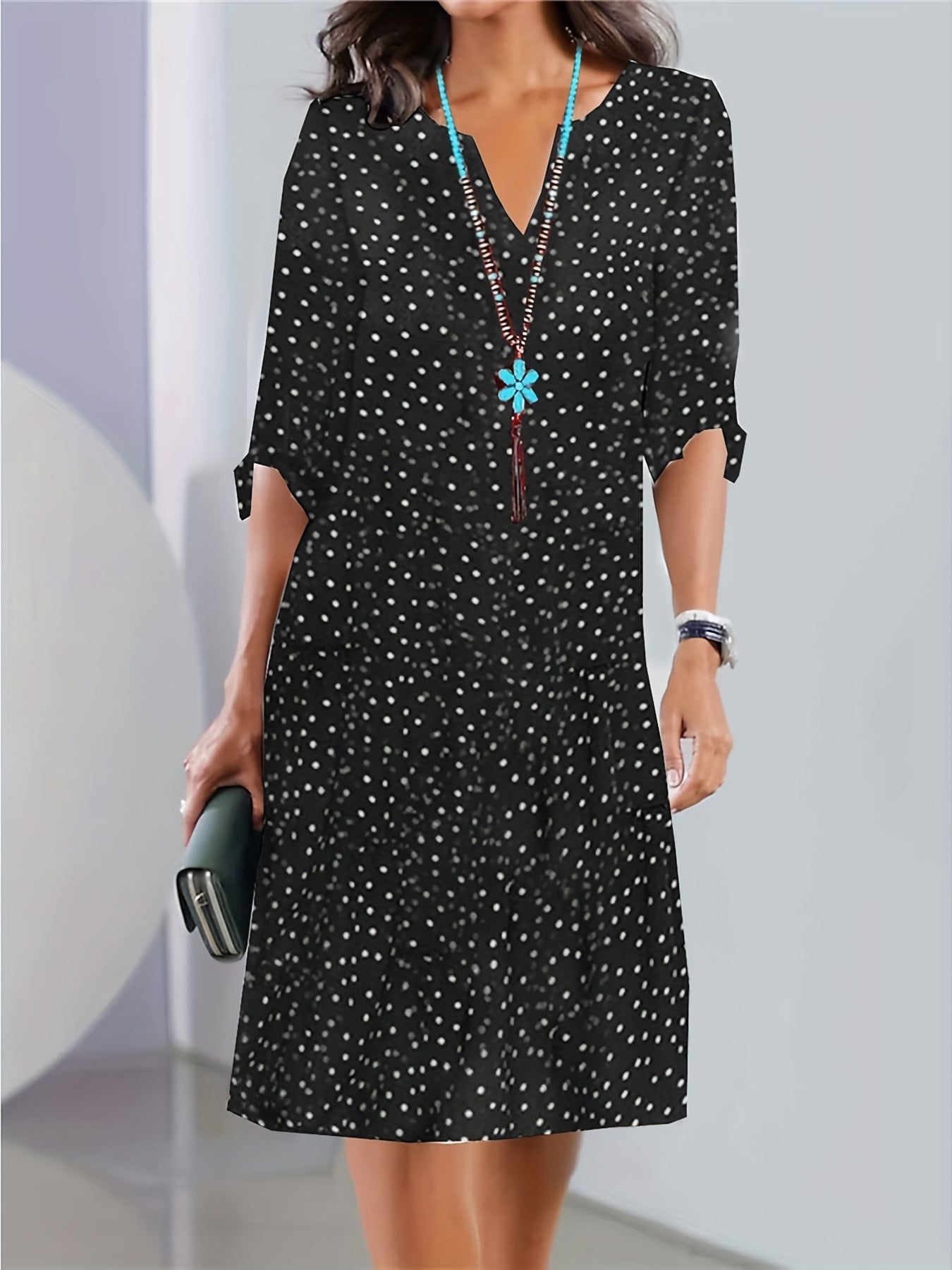  Dalmatian Print Notched Neck Dress