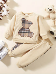 2pcs Toddler Baby Bear Embroidery Sweatshirt & Splicing Pant