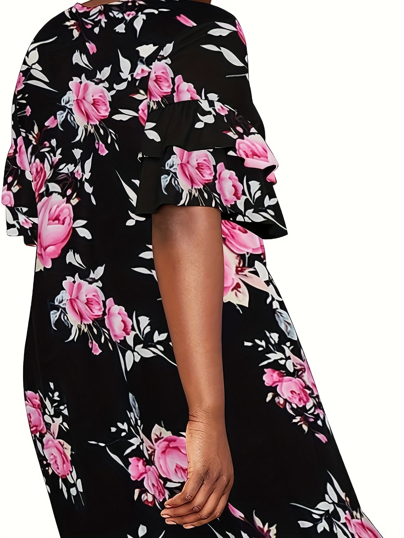  Floral Print Ruffle Trim Short Sleeve Dress
