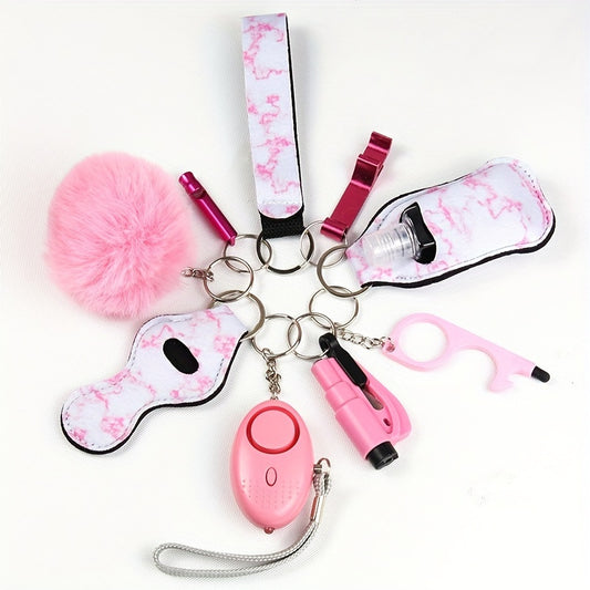 9pcs Women's Keychain Set: Alarm, Travel Bottle, Accessories