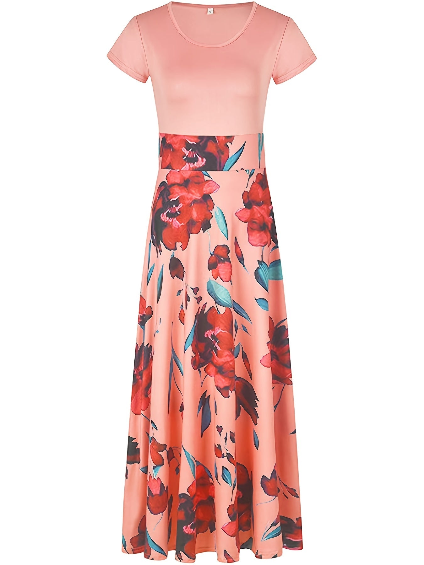 Splicing Crew Neck Dress Short Sleeve Pleated Maxi Dress Women's Clothing