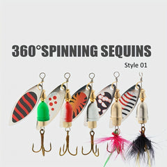 5pcs Sequin Spinner Fishing Lure Feathered Hard Bait Treble Hook