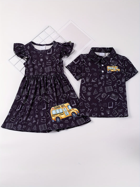 School Bus Print Dress and Polo Shirt Set for Siblings