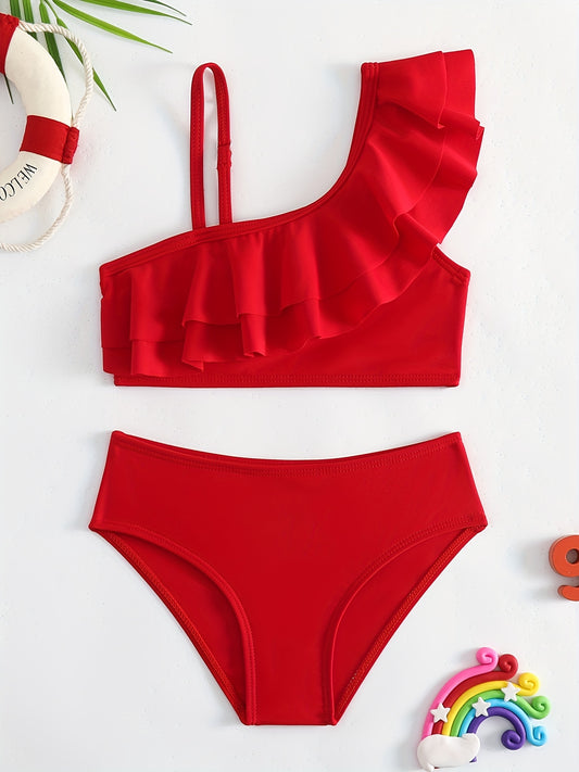 Girls Bikini Swimsuit 2pcs Sleeveless Cami Top Ruffle Decor & Briefs