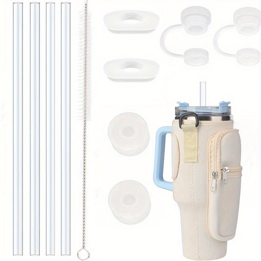 4Pcs Reusable Straws, 6 Silicone Stoppers, Brush, Bag - Cup Accessories