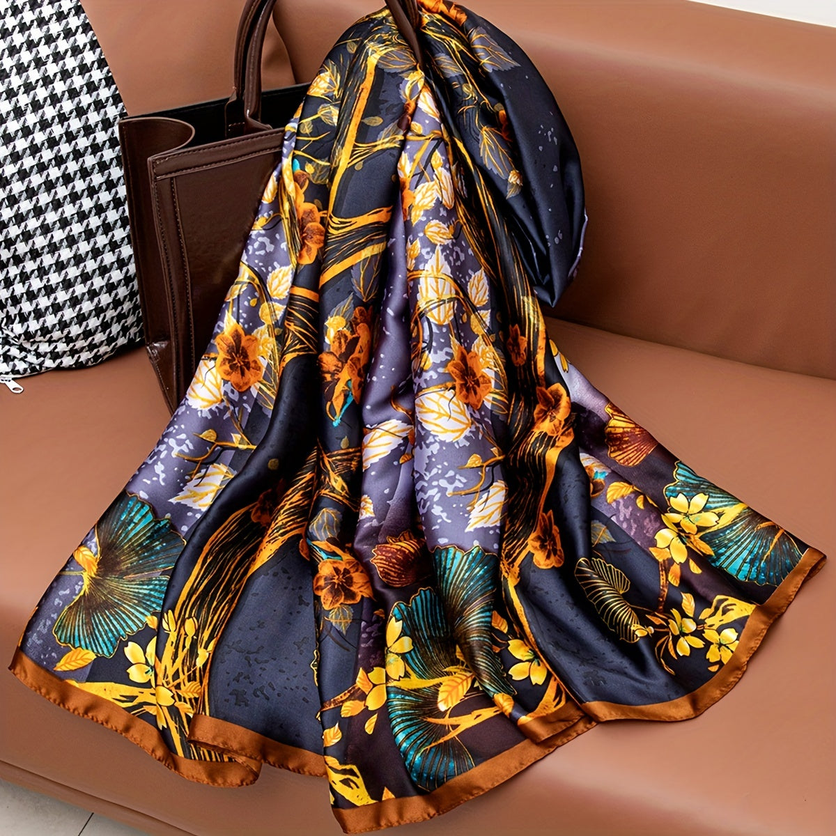 Tree & Ginkgo Leaf Pattern Scarf Shawl Wrap for Daily Decoration