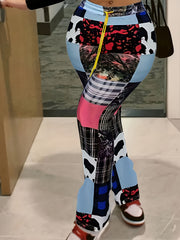 Plus Patchwork Print High Rise Flared Leg Trousers