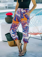  Tropical Print Drawstring Jogger Trousers with Pockets