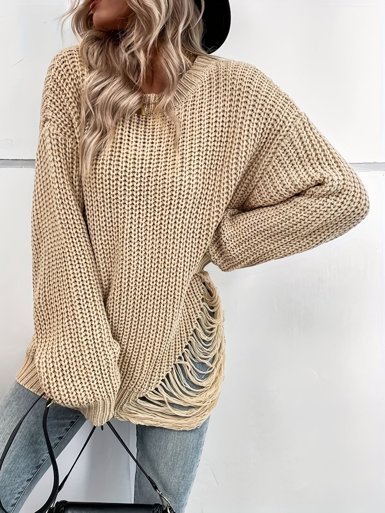  Solid Ripped Long Sleeve Round Neck Jumper