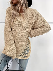  Solid Ripped Long Sleeve Round Neck Jumper
