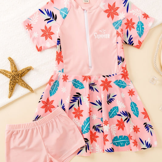 Girls Leaf Print Dress & Shorts Swimsuit Set